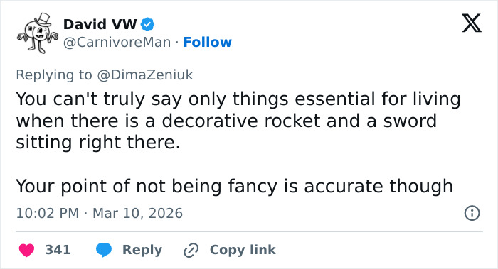 Tweet discussing odd details inside Elon Musk's house, mentioning a decorative rocket and sword seen in the living space.