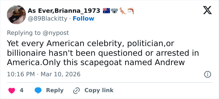 Tweet discussing a scapegoat named Andrew amid political and celebrity arrest debates, revealing tense royal lip reading insights.