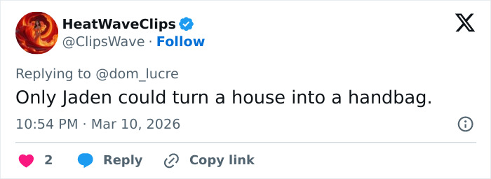 Tweet text about Jaden Smith being slammed after giving a tour of his house bag, posted by HeatWaveClips.