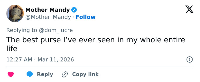 Tweet screenshot showing a user praising a purse, related to Jaden Smith slammed after giving tour of his house bag.