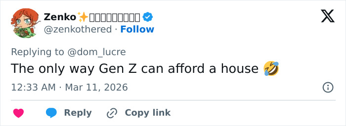 Tweet on social media reacting to Jaden Smith&rsquo;s house tour, highlighting Gen Z challenges affording a house.