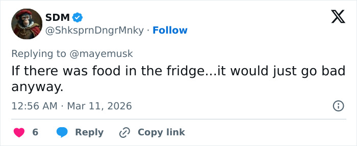Tweet discussing odd details about the inside of Elon Musk&rsquo;s house with a humorous comment on food in the fridge.
