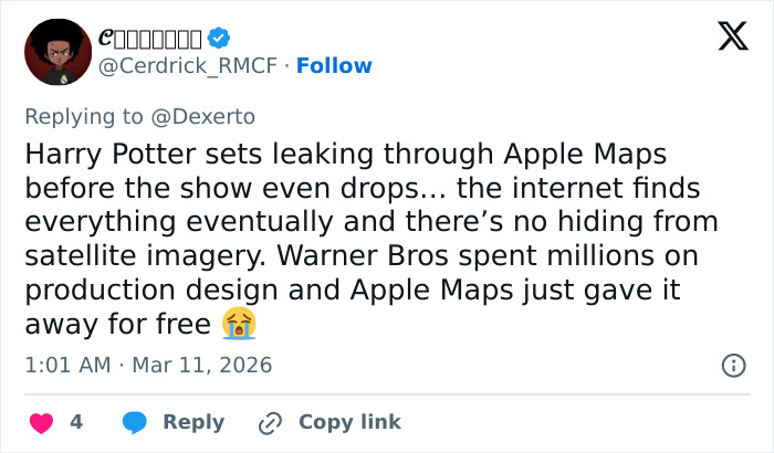 Screenshot of a tweet discussing drone footage leaking Harry Potter set details through satellite imagery on Apple Maps.