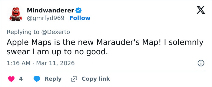 Tweet from user Mindwanderer joking about Apple Maps as the new Marauder's Map related to Harry Potter set drone sneak.