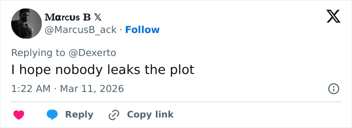 Screenshot of a tweet from Marcus B hoping no one leaks the plot, related to a man sneaking drone over Harry Potter set revealing details.