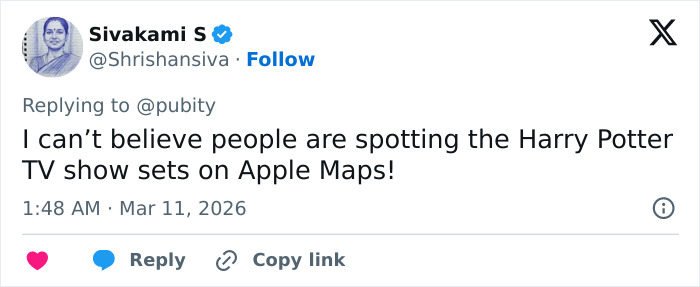 Tweet about people spotting Harry Potter TV show sets on Apple Maps, revealing details via a sneaked drone.