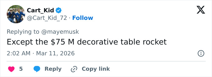 Tweet mentioning a $75 million decorative table rocket, highlighting odd details inside Elon Musk's house.