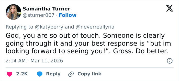 Twitter reply criticizing Katy Perry's grim response to a struggling fan, sparking backlash online.