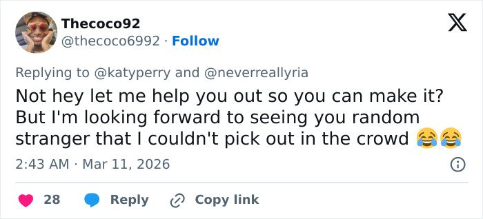 Screenshot of a tweet replying to Katy Perry, highlighting a fan's struggle and the grim response sparking heated reactions online.