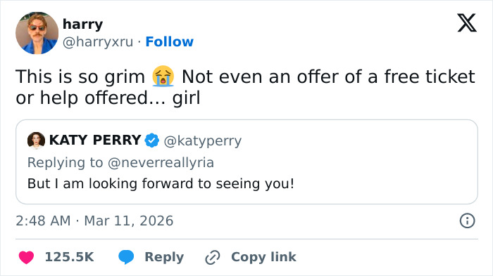 Screenshot of a Twitter exchange showing Katy Perry's grim response to a struggling fan sparking harsh criticism online.