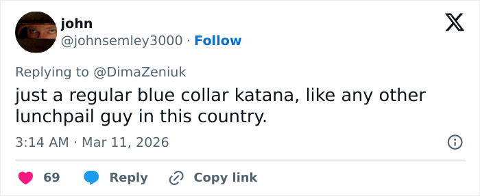 Screenshot of a social media comment discussing an everyday blue collar katana with informal language and emojis.