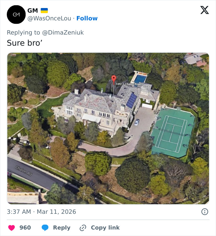 Aerial view of Elon Musk's house exterior with tennis court and surrounding trees, showing odd details noticed by people.