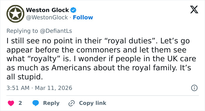 Tweet criticizing royal duties, questioning public interest in the royal family, mentioning Prince William and royal gathering tensions.