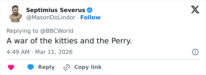 Tweet from Septimius Severus humorously referencing a legal dispute involving Katy Perry and Katie Perry.