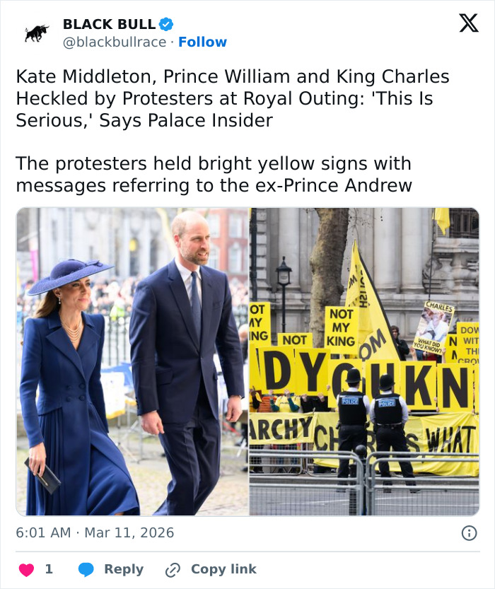 Prince William and Kate Middleton walking past protesters with yellow signs during tense royal gathering and lip reading.