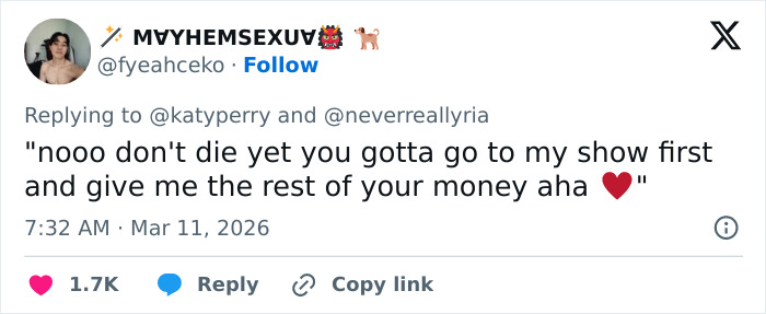 Screenshot of a tweet mocking Katy Perry&rsquo;s grim response to a struggling fan, sparking backlash online.