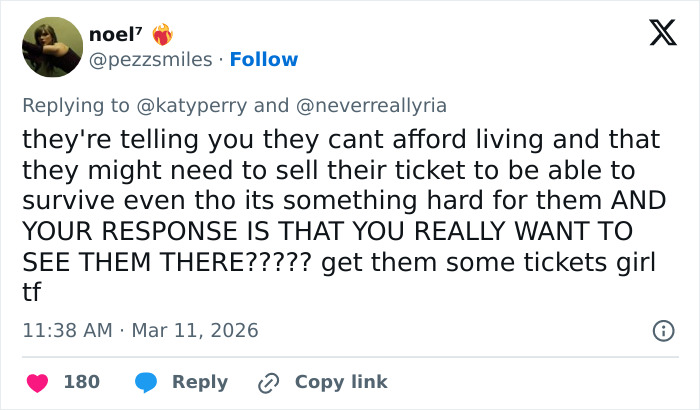 Tweet criticizing Katy Perry&rsquo;s grim response to struggling fan unable to afford concert ticket, sparking backlash online.