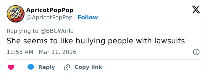 Tweet from ApricotPopPop replying to BBCWorld about bullying people with lawsuits, related to Katy Perry legal battle keywords.