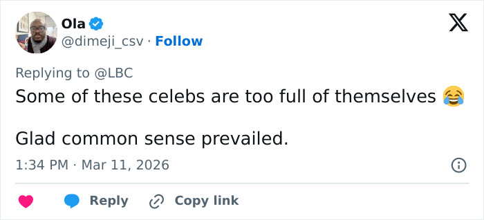 Tweet by Ola replying to LBC, commenting on celebrities and expressing relief that common sense prevailed, with timestamp and engagement icons.