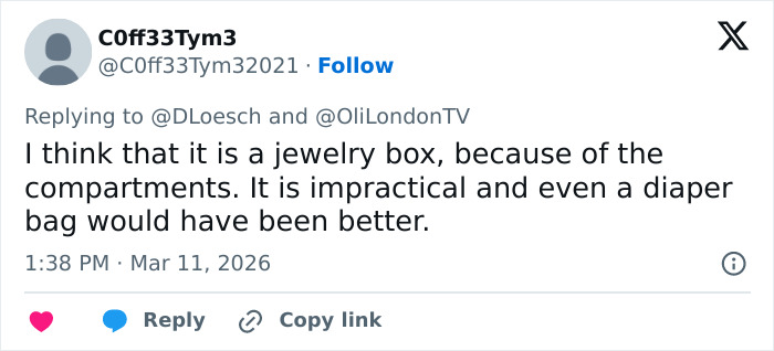 Twitter reply criticizing Jaden Smith's house bag, calling it impractical and suggesting a diaper bag would be better.