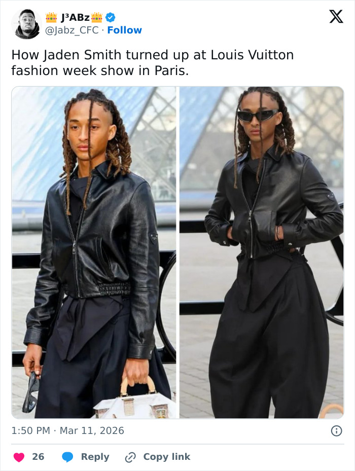 Jaden Smith wearing a black leather jacket and stylish pants at Louis Vuitton fashion week in Paris.