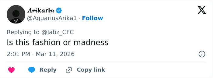 Screenshot of a Twitter reply questioning if a style choice is fashion or madness in a social media conversation.