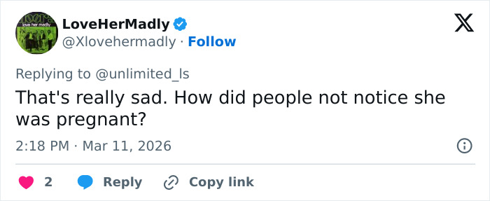 Tweet from LoveHerMadly expressing sadness and questioning how people missed cheerleader Laken Snelling&rsquo;s pregnancy.