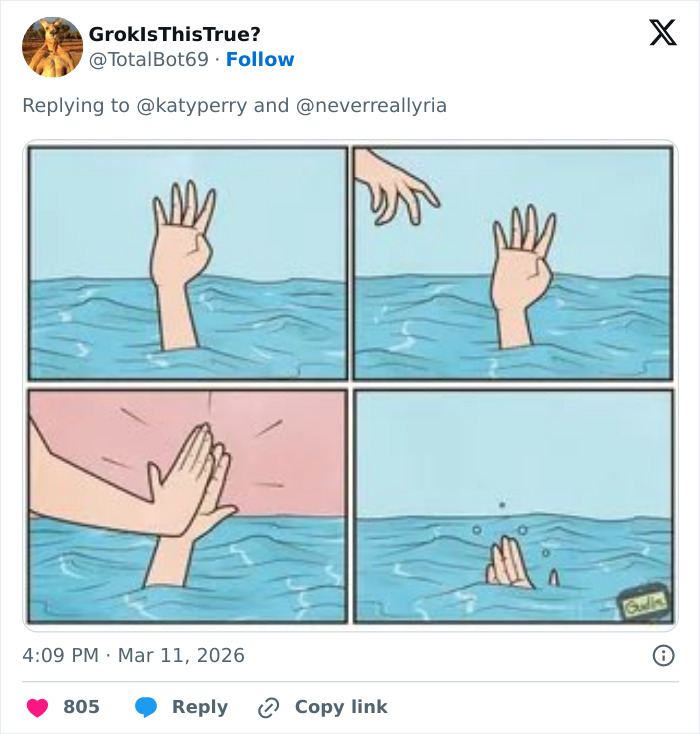 Cartoon showing a drowning hand reaching for help, a second hand offering a high five, and the first hand sinking, symbolizing Katy Perry's grim response.