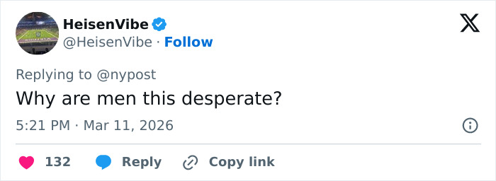 Tweet from user HeisenVibe questioning desperation, posted March 11, 2026, with 132 likes and engagement options visible.