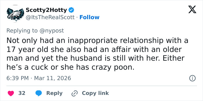 Tweet discussing unexpected marriage update for teacher who went viral for smiling in mugshot after student scandal.