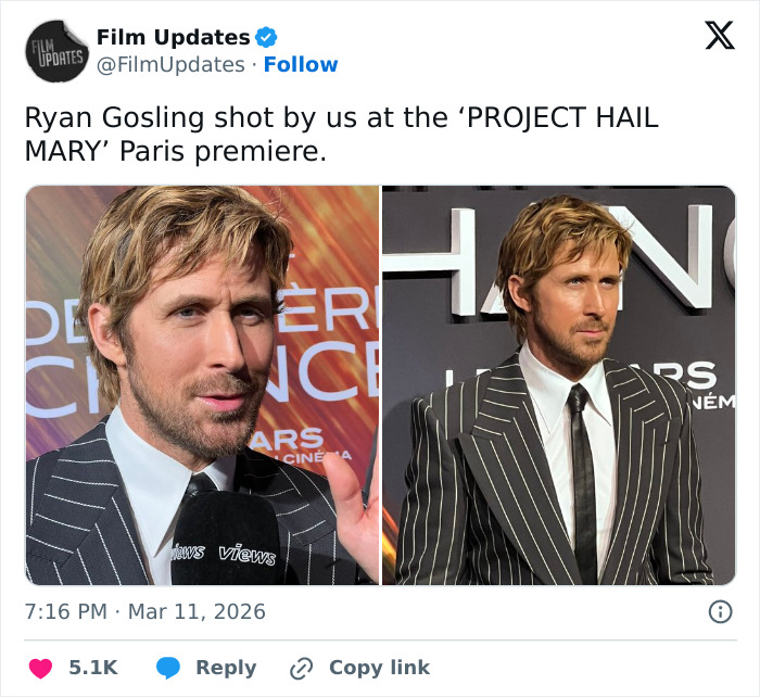 Ryan Gosling at PROJECT HAIL MARY Paris premiere, fans react and spark speculation about his injector appearance.