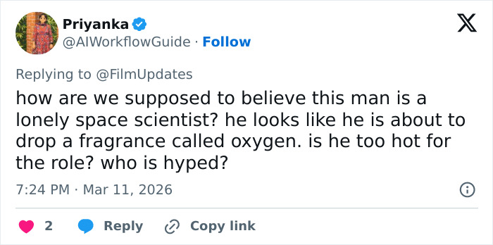 Tweet screenshot showing a fan reacting to Ryan Gosling's appearance, sparking speculation and fans' strong opinions.