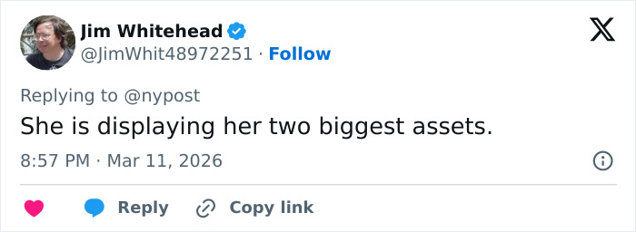 Tweet by Jim Whitehead replying to nypost about a viral teacher smiling in her mugshot amid student scandal news.