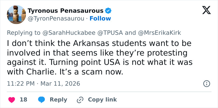 Screenshot of a tweet discussing Erika Kirk&rsquo;s latest video backlash and controversy involving Turning Point USA.