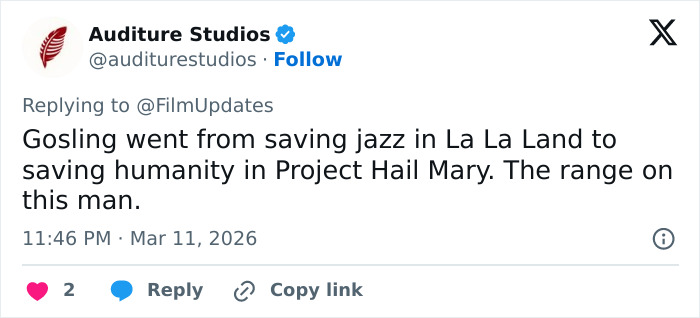Tweet screenshot showing a fan praising Ryan Gosling's acting range from La La Land to Project Hail Mary at a premiere event.
