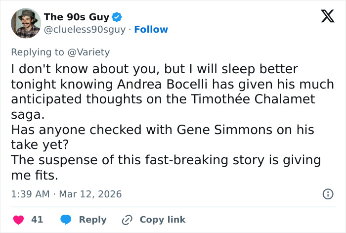 Screenshot of a tweet mentioning Timoth&eacute;e Chalamet saga and anticipation before the Oscars.
