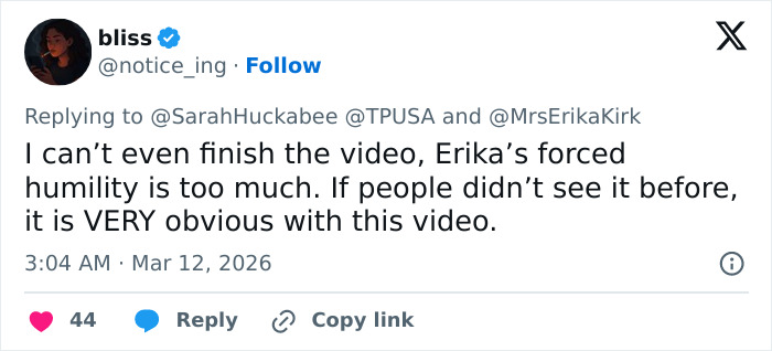 Screenshot of a tweet criticizing Erika Kirk&rsquo;s latest video, highlighting forced humility and sparking massive backlash online.