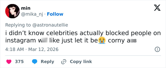 Screenshot of a Twitter reply criticizing celebrities blocking fans on Instagram amid hypocrite Pedro Pascal controversy.