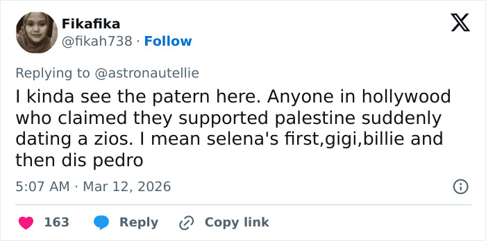 Tweet by user Fikafika discussing Hollywood dating patterns amid controversy involving Pedro Pascal and rumored boyfriend.