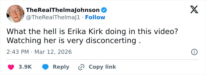 Tweet criticizing Erika Kirk's latest video, sparking massive backlash and discussions about her genuine character.
