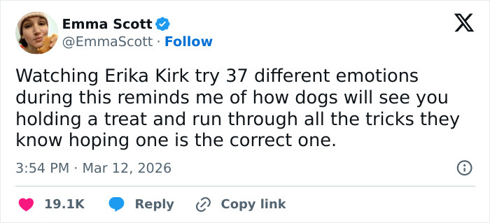 Tweet by Emma Scott reacting to Erika Kirk's video, highlighting emotional expressions sparking massive backlash online.