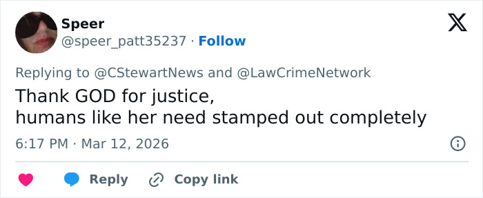 Screenshot of a social media reply discussing justice related to cheerleader Laken Snelling&rsquo;s Snapchat history and newborn passing.