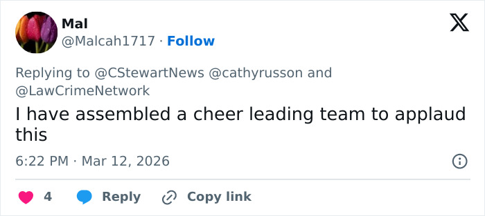 Tweet discussing cheerleading in response to news, referencing cheerleader Laken Snelling&rsquo;s Snapchat history and newborn passing details.