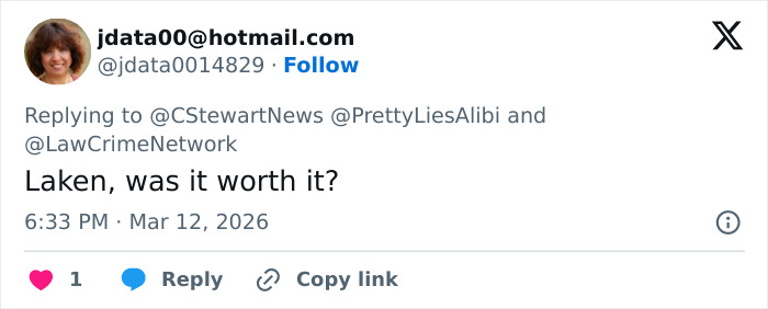 Tweet from user jdata00 asking if Laken&rsquo;s Snapchat history about her newborn&rsquo;s passing was worth it, posted in 2026.