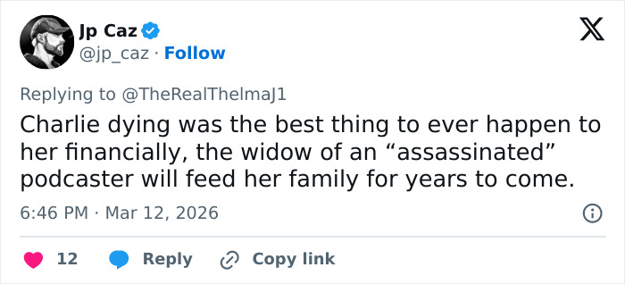 Tweet by Jp Caz commenting on financial impact related to Erika Kirk&rsquo;s latest video backlash and public reaction.