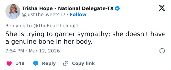 Screenshot of a tweet discussing Erika Kirk&rsquo;s video controversy mentioning she doesn&rsquo;t have a genuine bone in her body.