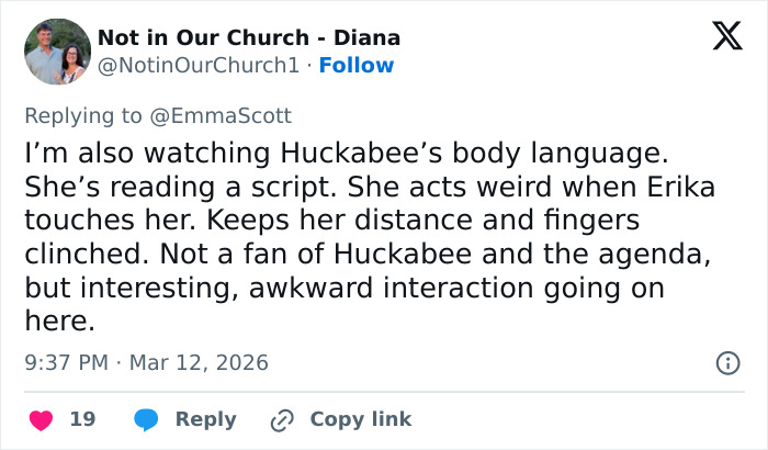 Tweet discussing Erika Kirk&rsquo;s latest video sparking massive backlash with awkward body language and scripted interaction.