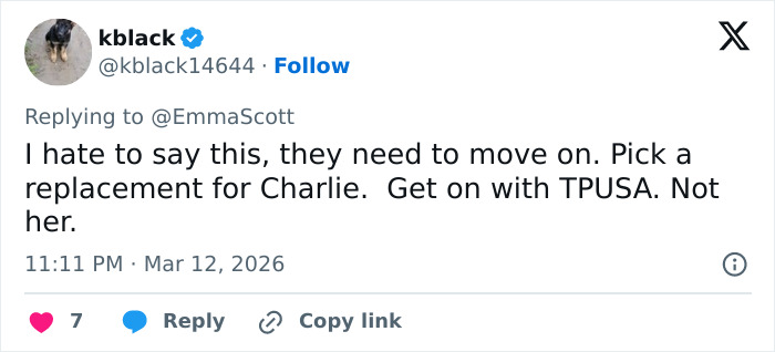 Tweet from verified user kblack expressing dislike and urging to move on, referencing Erika Kirk's latest video backlash.
