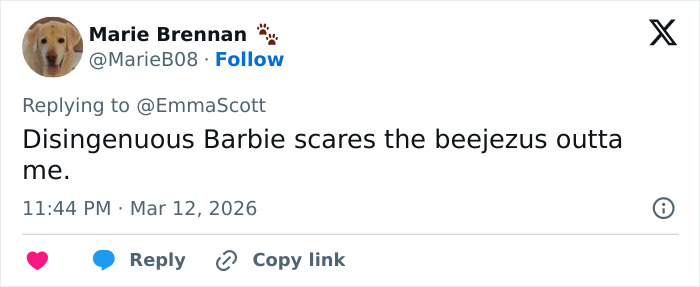 Tweet by Marie Brennan reacting to Erika Kirk's latest video causing massive backlash over authenticity concerns.