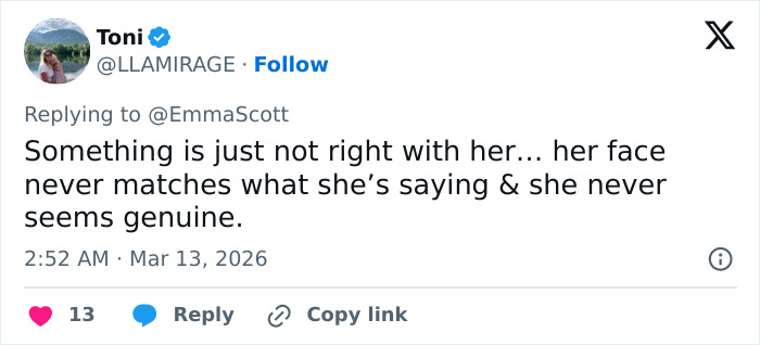 Tweet by user Toni expressing opinion that Erika Kirk's face never matches her words and she never seems genuine, sparking backlash.